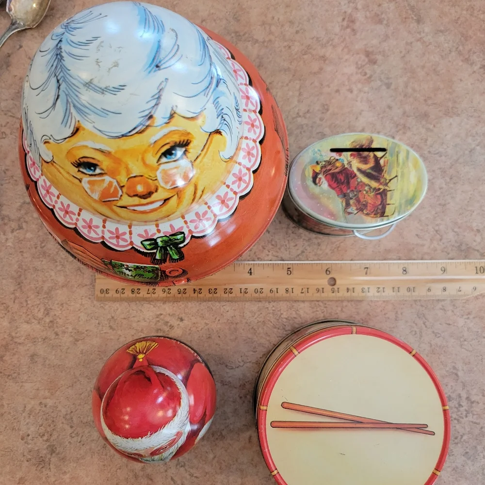 Christmas Tin Bundle ~ Shackman Co Santa, Drum, Bank & Cheinco Mrs. Claus ~Cute!
